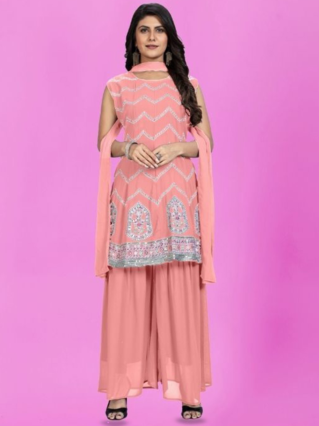 

PARROT CREATION Floral Embroidered Sequinned Georgette A-Line Kurti With Sharara & Dupatta, Pink