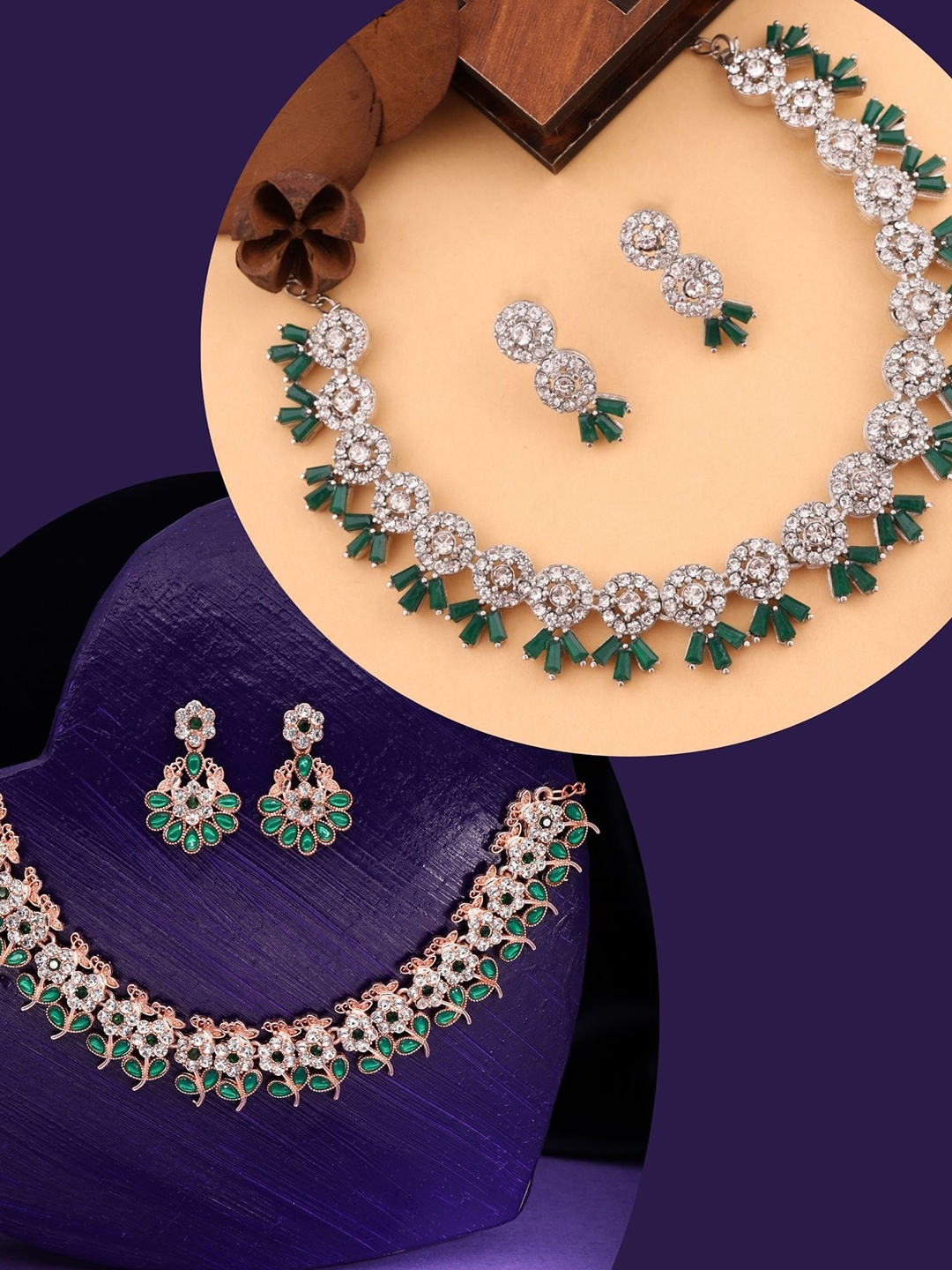 

DIVASTRI Set Of 2 Silver Plated Plated American Diamond Studded Jewellery Set