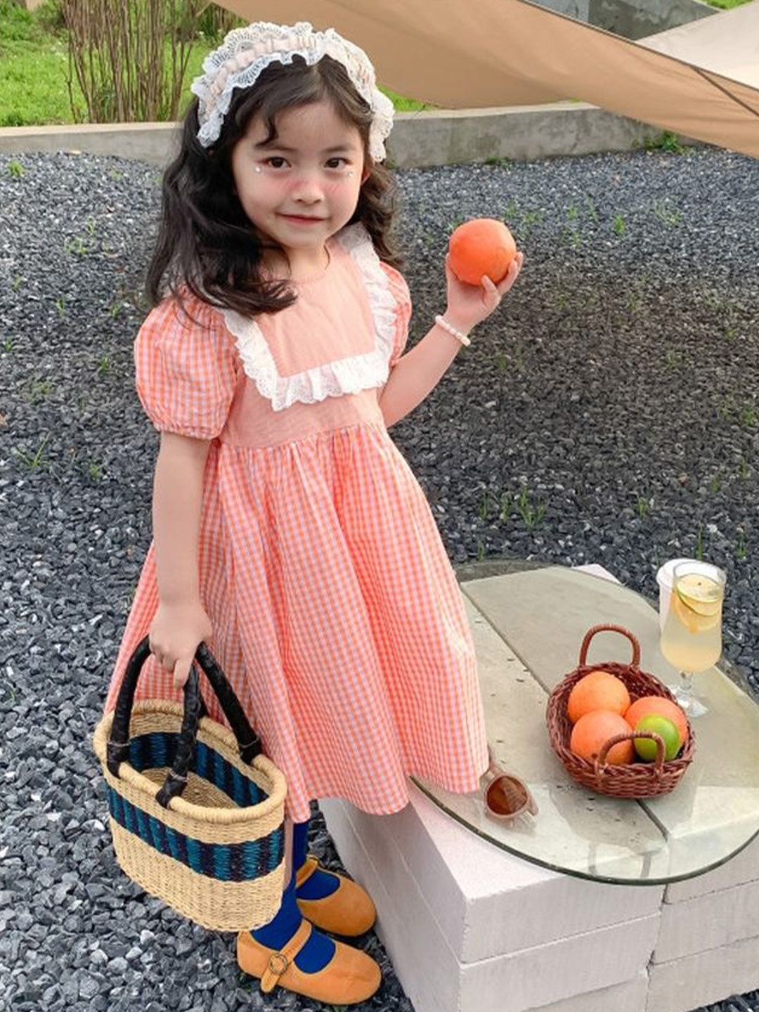 

LULU & SKY Girls Checked Round Neck Fit and Flare Midi Dress, Orange