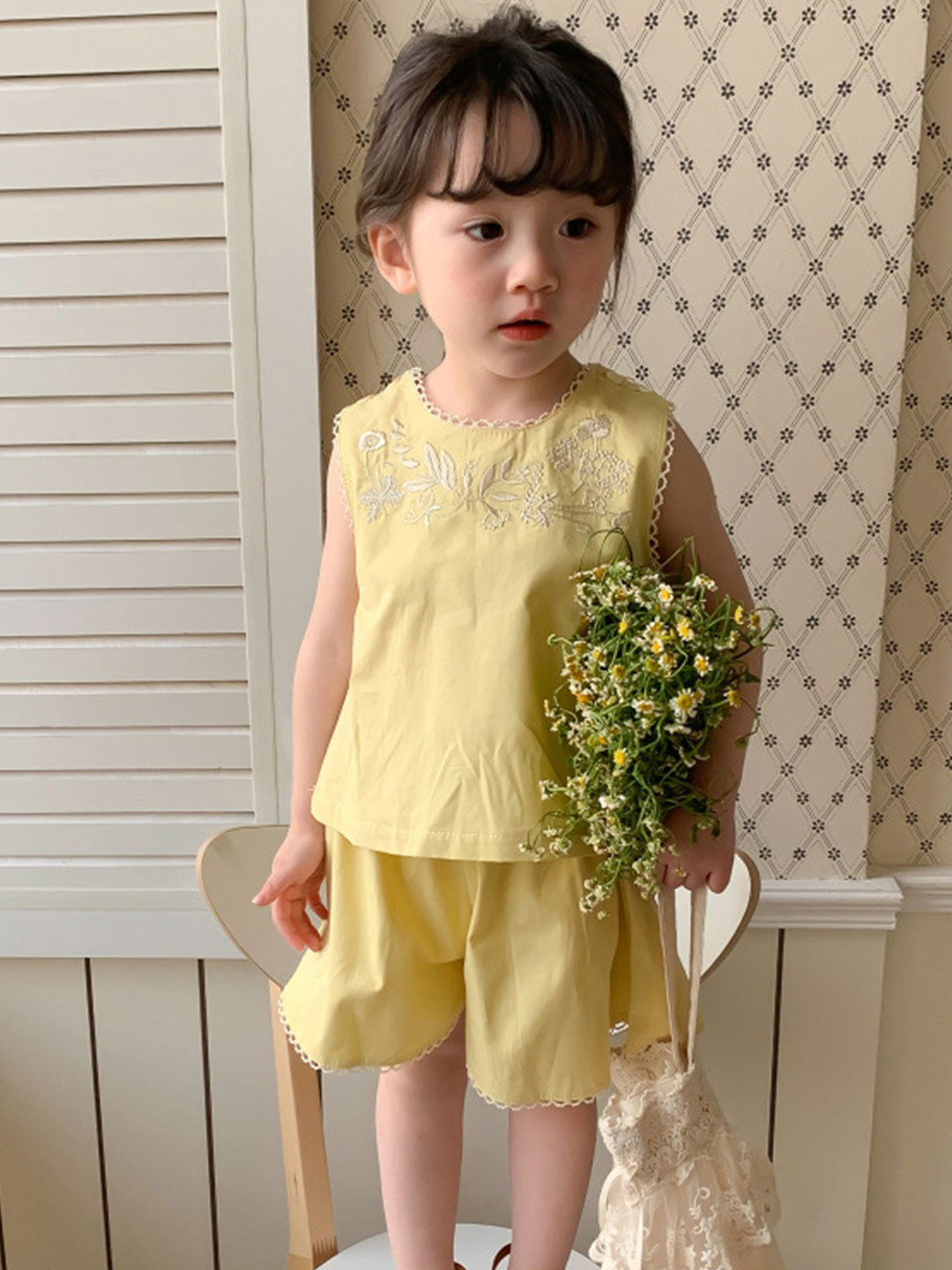 

LULU & SKY Girls Embroidered Sleeveless Cotton Top With Shorts, Yellow