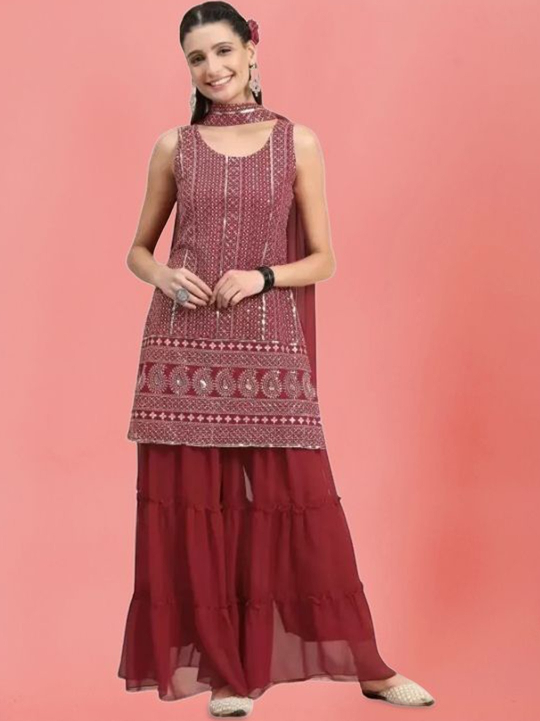 

PARROT CREATION Geometric Embroidered Georgette Straight Kurti With Sharara & Dupatta, Maroon