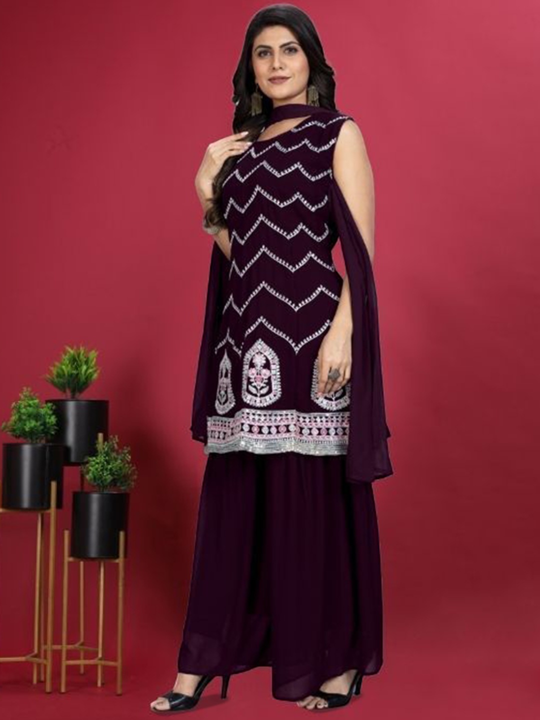 

PARROT CREATION Floral Embroidered Georgette Kurti With Sharara And Dupatta, Purple