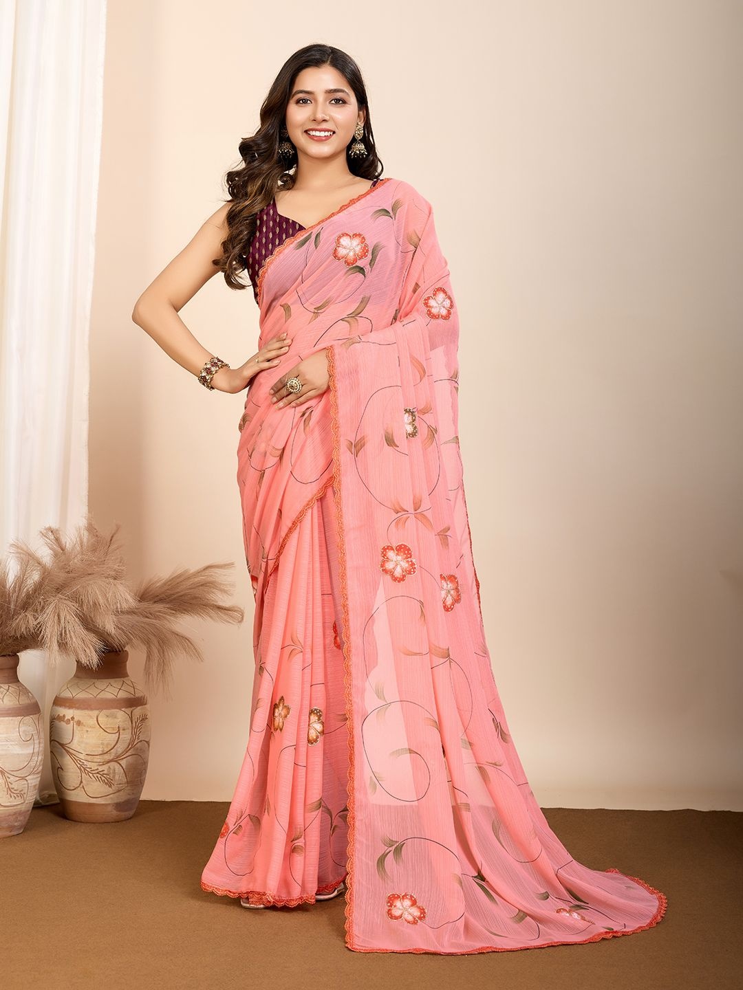 

ORUS Floral Embroidered Pure Georgette Saree, Peach