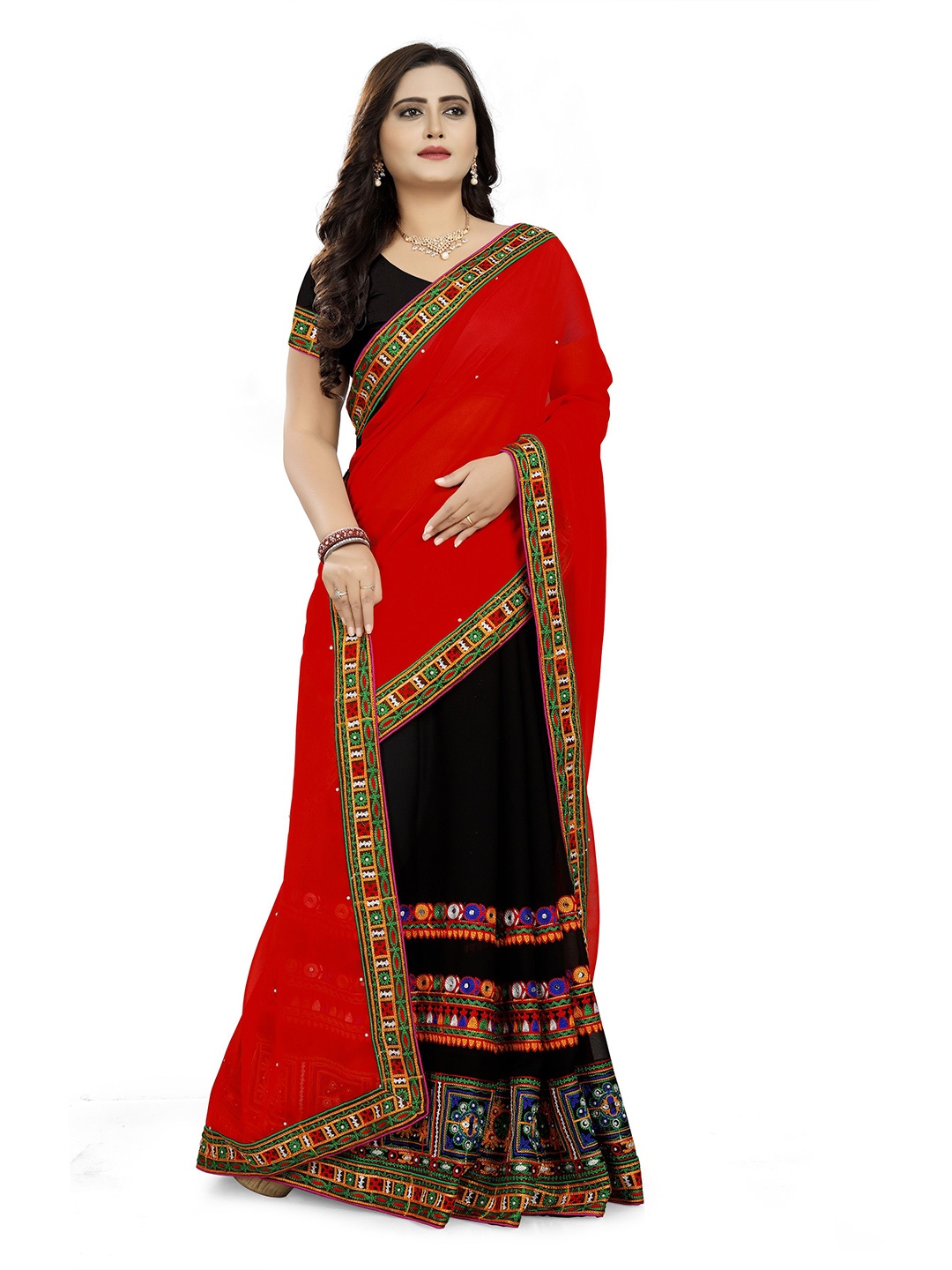 

DIVASTRI Embellished Mirror Work Poly Georgette Half and Half Saree, Black