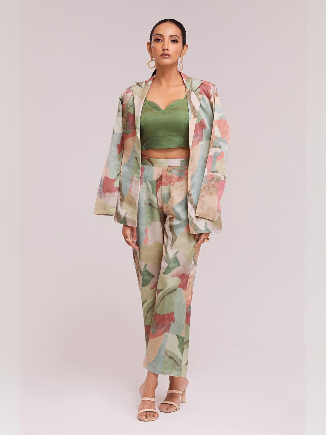 

ODETTE Printed Satin Stitched Co-Ords Set, Green