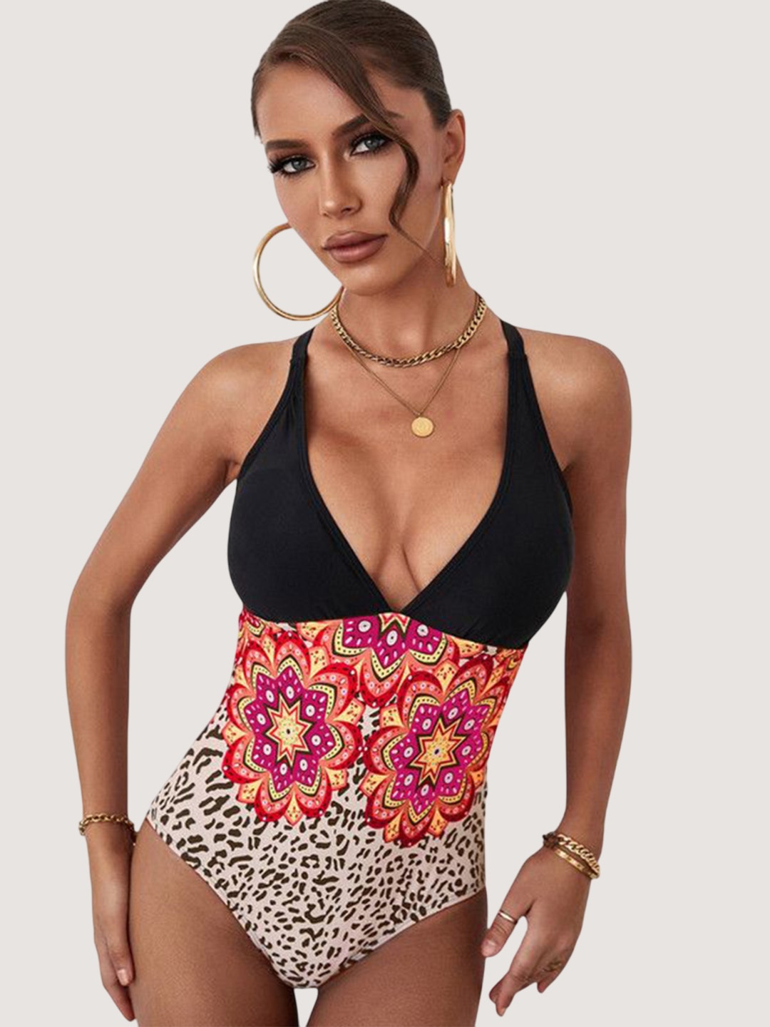 

Plus Curvves Leopard & Floral Printed Criss Cross Deep V-Neck Bodysuit, Black