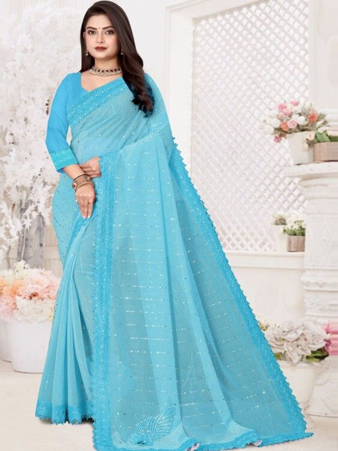 

APNISHA Embellished Beads and Stones Saree, Turquoise blue