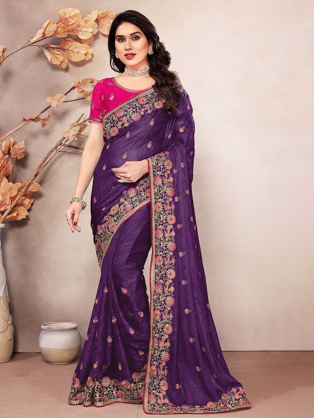 

KHRITI FAB Embellished Embroidered Silk Blend Saree, Purple