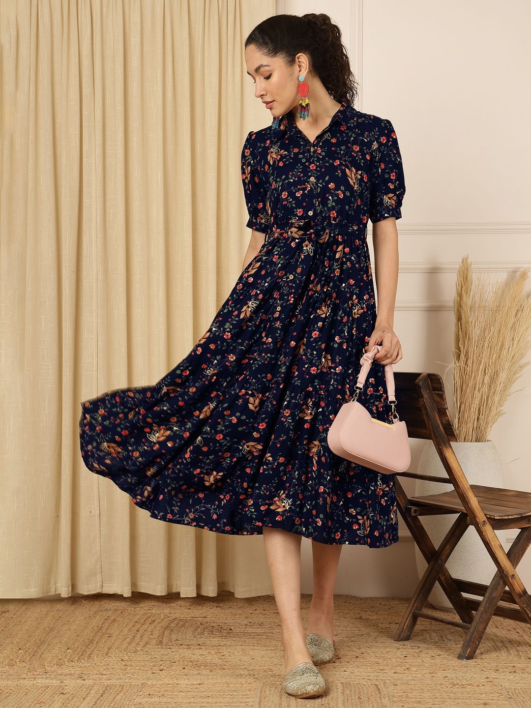 

KALINI Floral Print Puff Sleeve Maxi Midi Dress, Navy blue