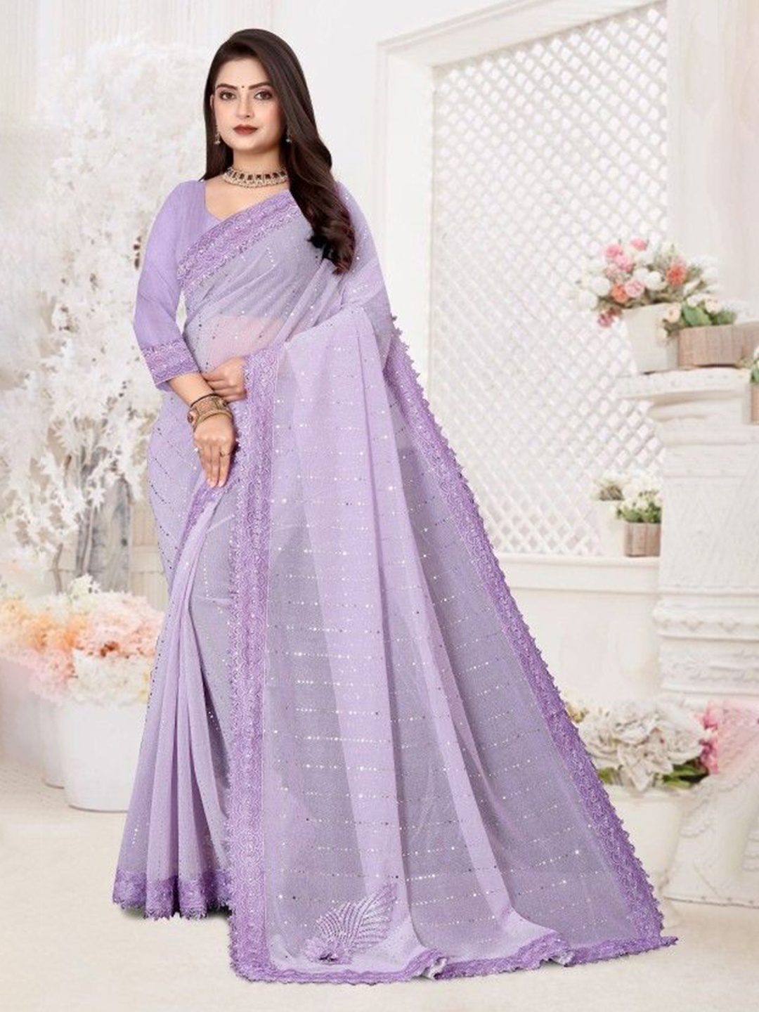 

JULEE Embellished Mirror Work Saree, Lavender