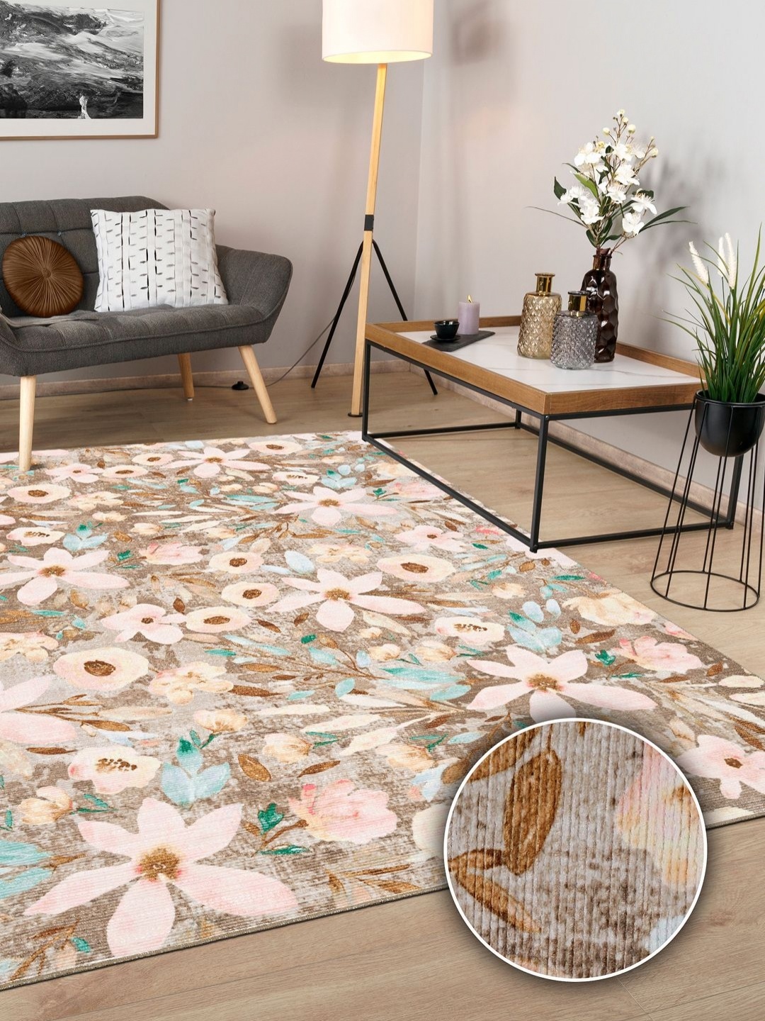 

Kaleen India Brown & Pink Floral Printed Rectangle Anti-Skid Carpet