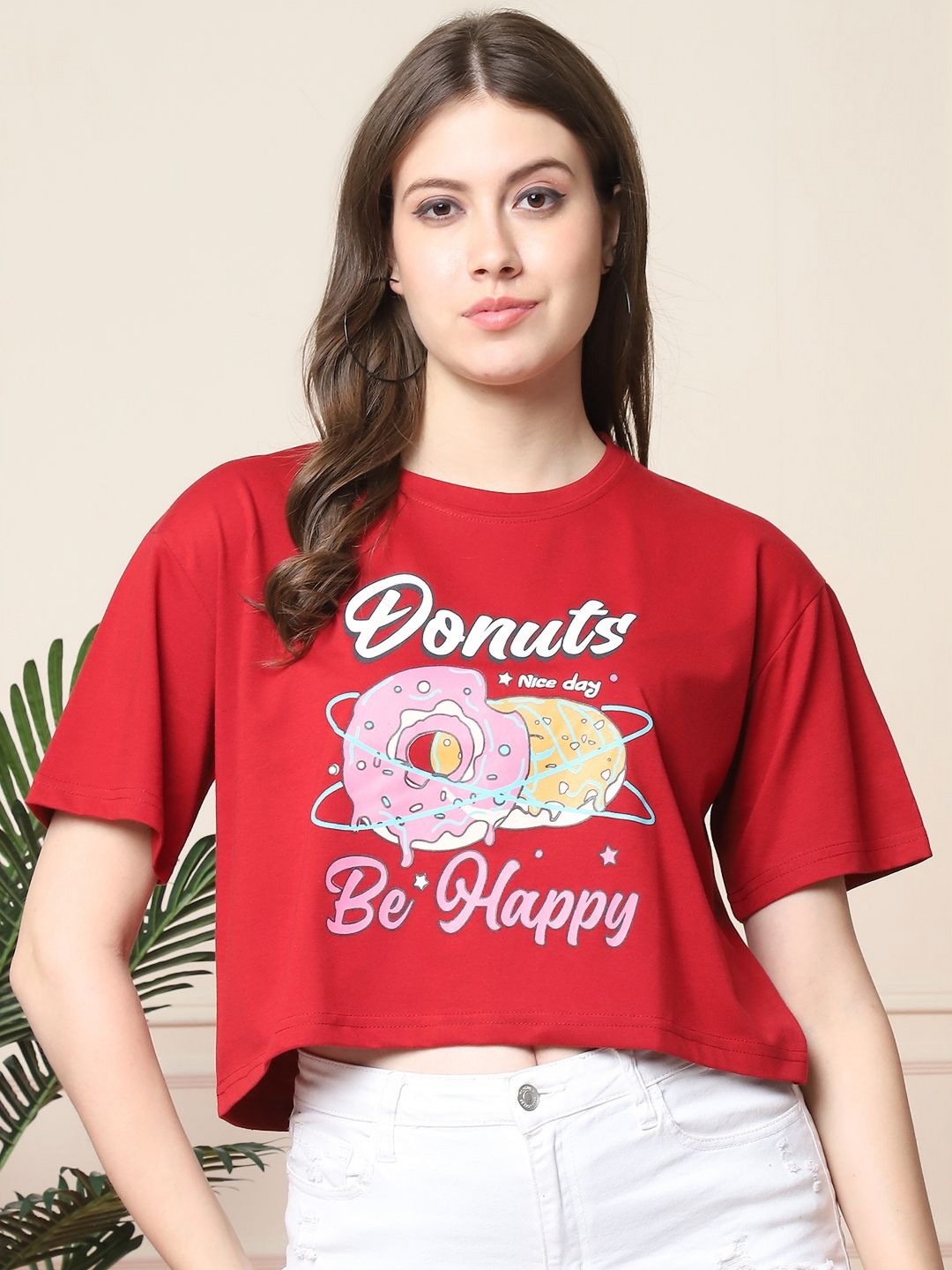 

Dreambe Women Tom & Jerry Graphic Printed Round Neck Cotton Boxy T-shirt, Red