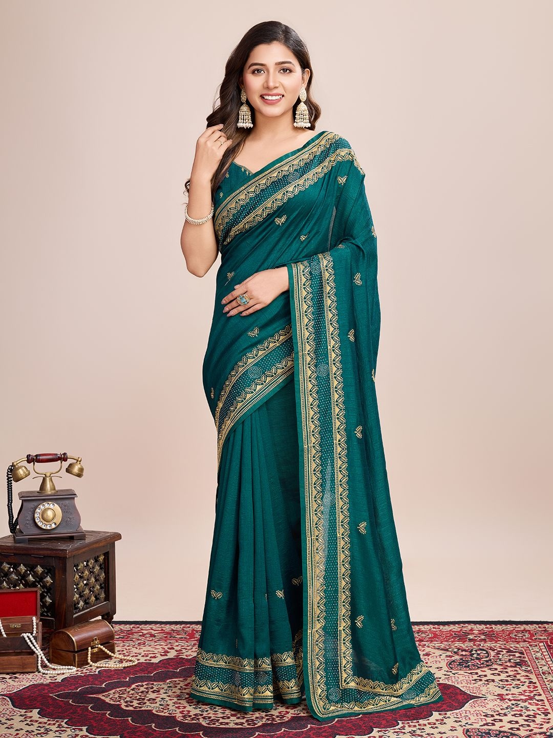 

Iris Embellished Beads and Stones Silk Blend Saree, Teal