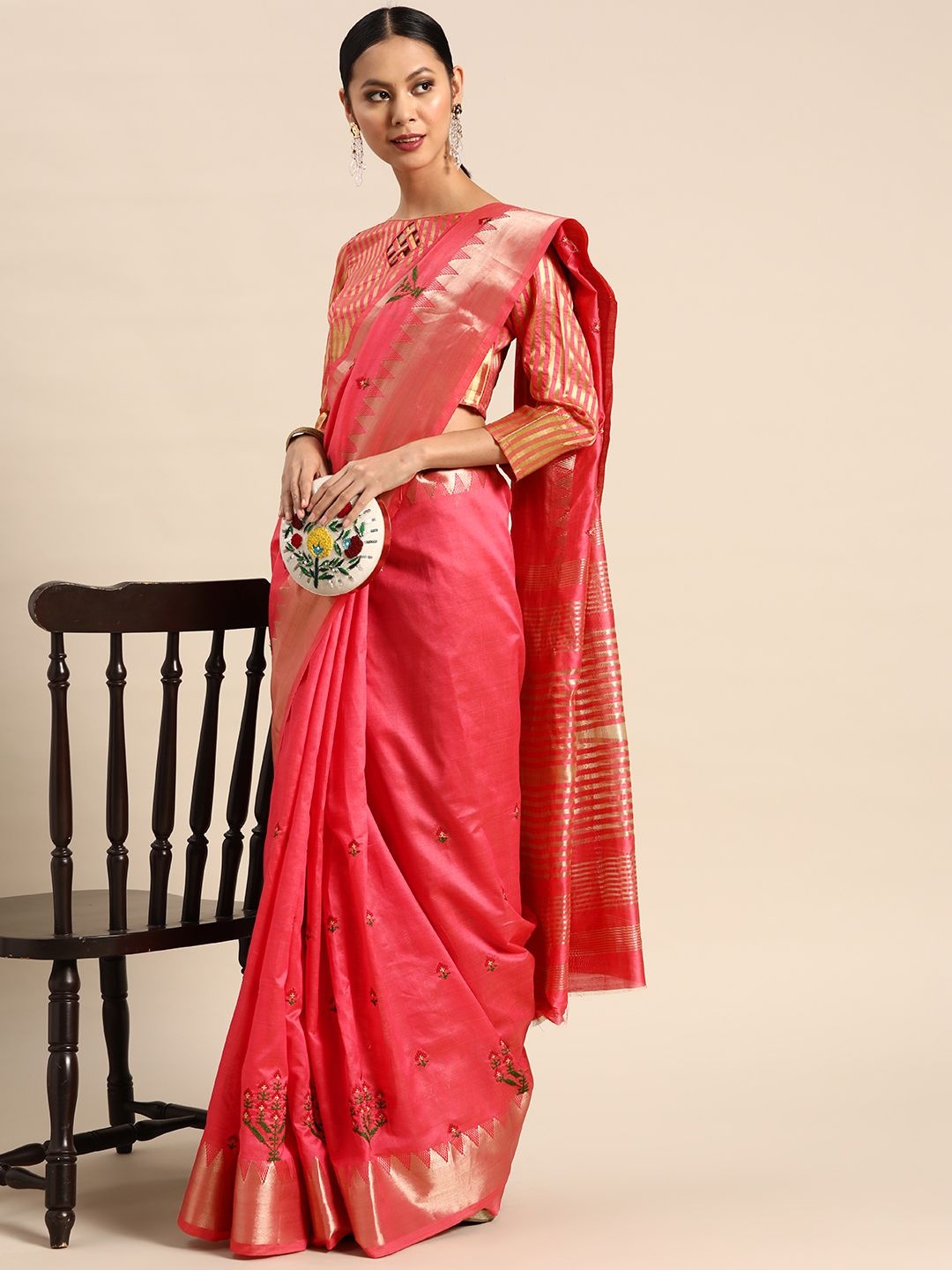 

DIVASTRI Woven Design Embroidered Silk Cotton Banarasi Saree, Pink