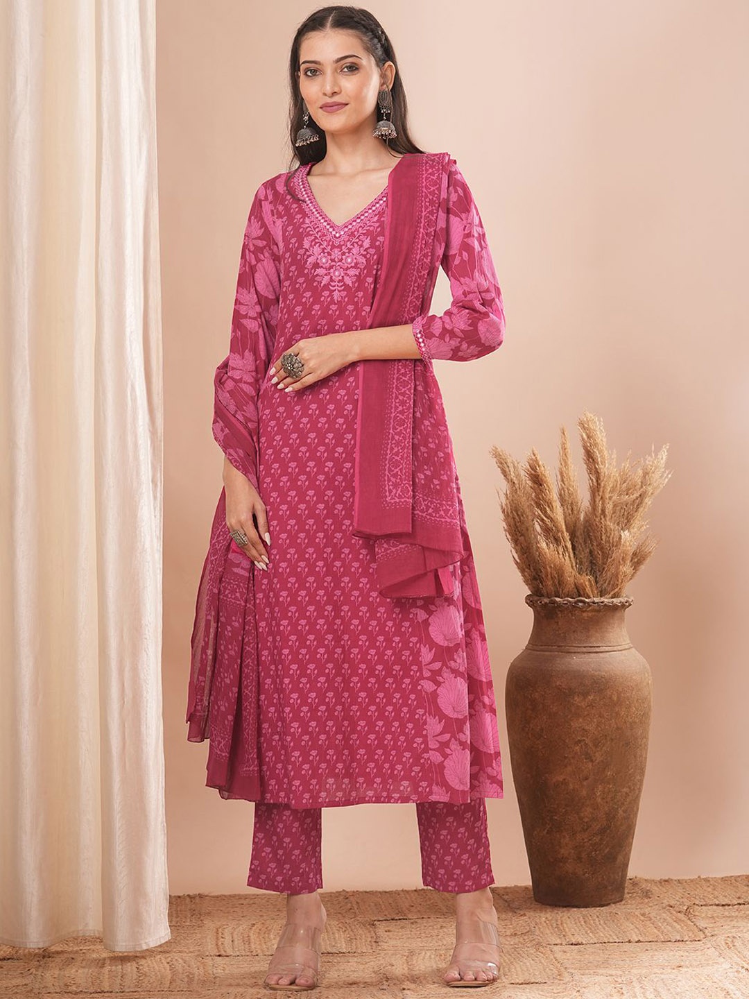 

FASHOR Floral Printed V-Neck Cotton Straight Kurta With Palazzos & Dupatta, Pink