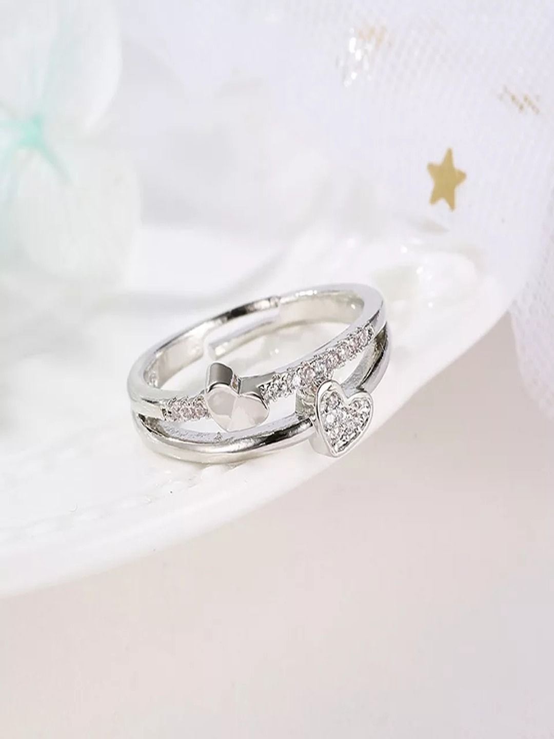 

DressBerry Silver-Plated Crystals Studded Dual Heart Adjustable Finger Ring