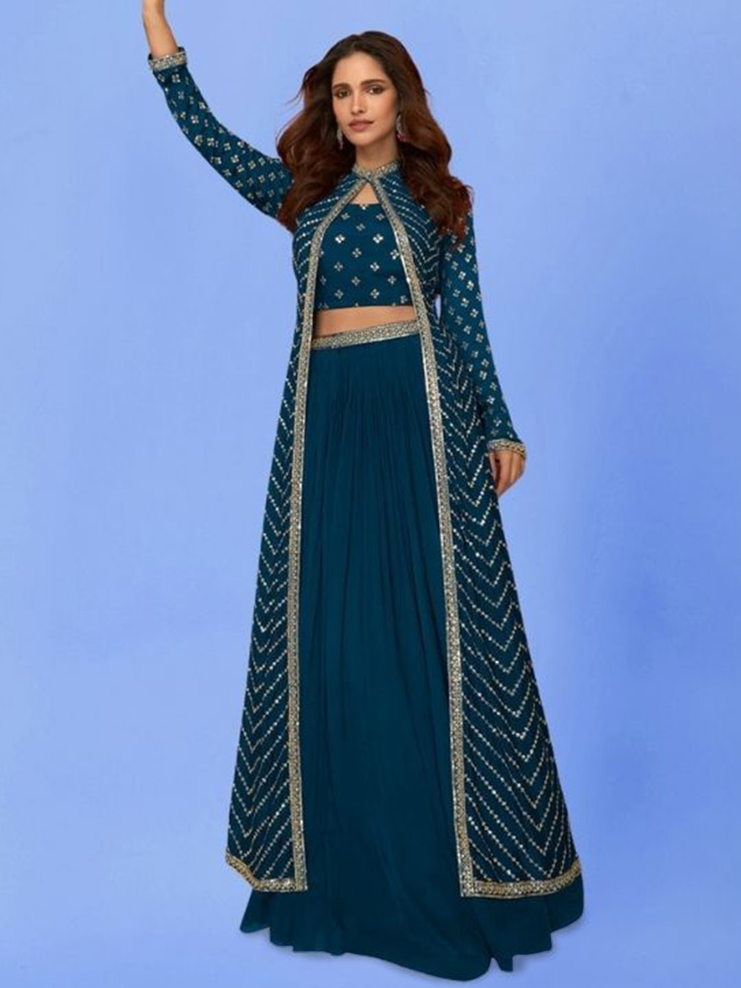 

PARROT CREATION Floral Embroidered Crop Top With Shrug And Skirt, Blue