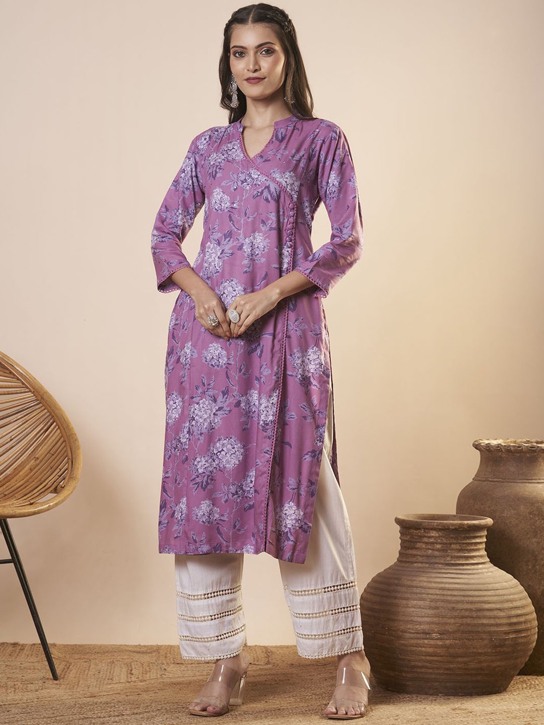 

FASHOR Floral Prined Mandarin Collar Pure Cotton Straight Kurta, Lavender