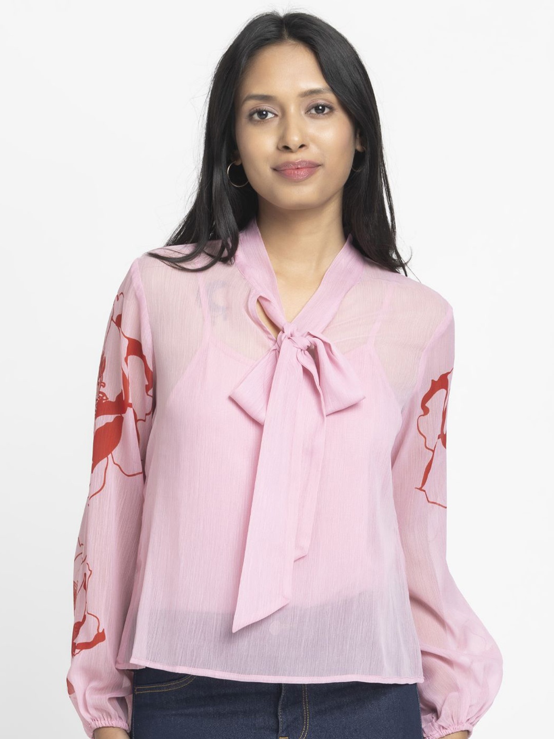 

SHAYE Women Tie Up Neck Printed Long Sleeves Top With Cami, Pink