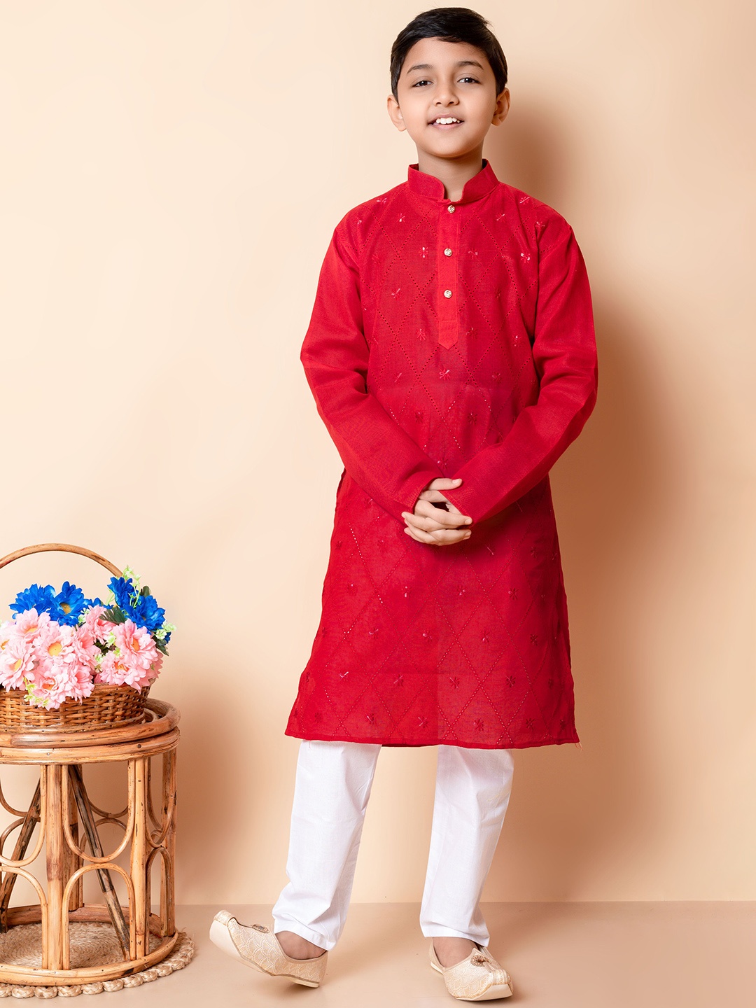 

Cae Boys Floral Embroidered Mandarin Collar Thread Work Straight Kurta With Pyjama, Red