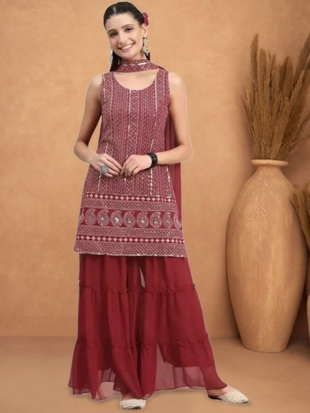 

PARROT CREATION Geometric Embroidered Georgette Straight Kurti With Sharara & Dupatta, Maroon