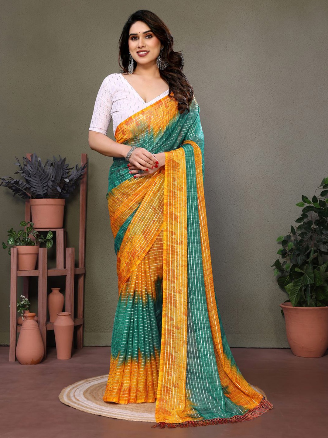 

SILKWEAR Pure Georgette Block Print Saree, Green