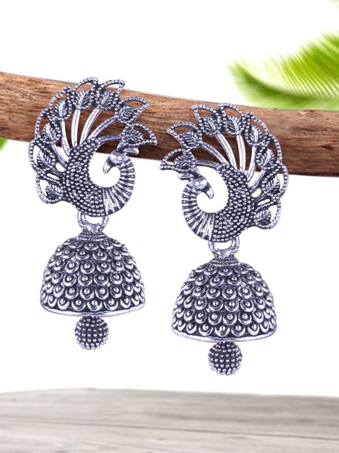 

DIVASTRI Peacock Shaped Jhumkas Earrings, Silver