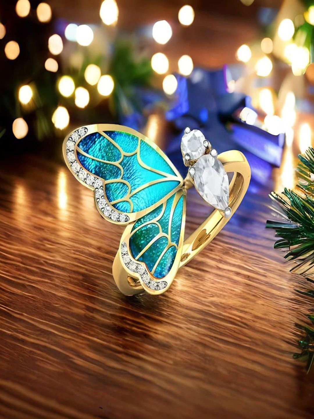 

DressBerry Gold-Plated Crystal Studded Half Butterfly Open Finger Ring, Blue