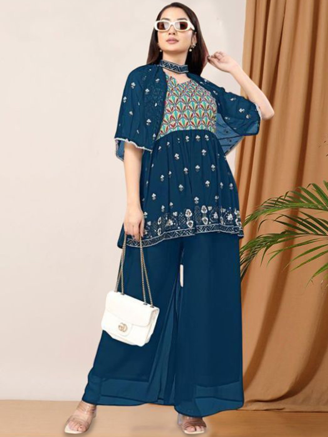

PARROT CREATION Floral Embroidered Pleated Georgette A-Line Kurti with Palazzos & Cape, Turquoise blue