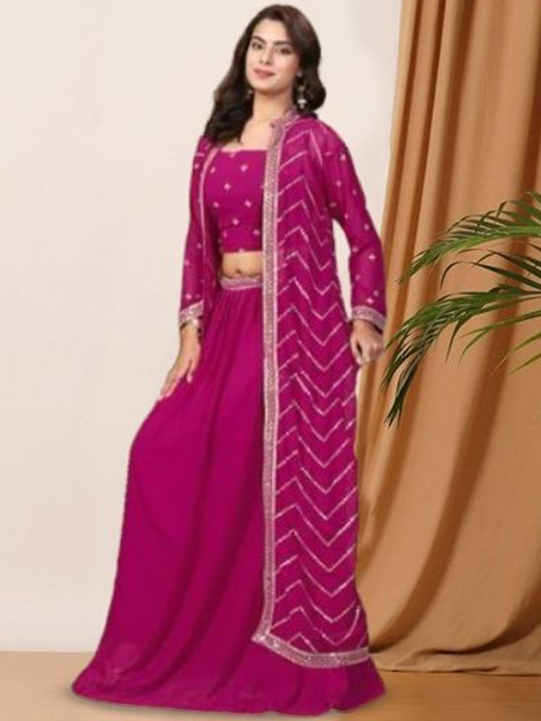 

PARROT CREATION Floral Embroidered Crop Top With Shrug And Skirt, Pink