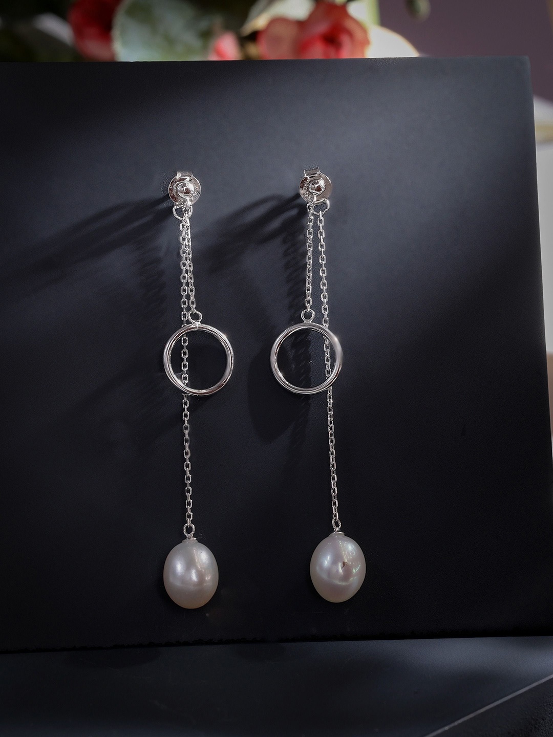 

DIAVO 925 Sterling Silver Rhodium-Plated Pearls Beaded Contemporary Shaped Drop Earrings