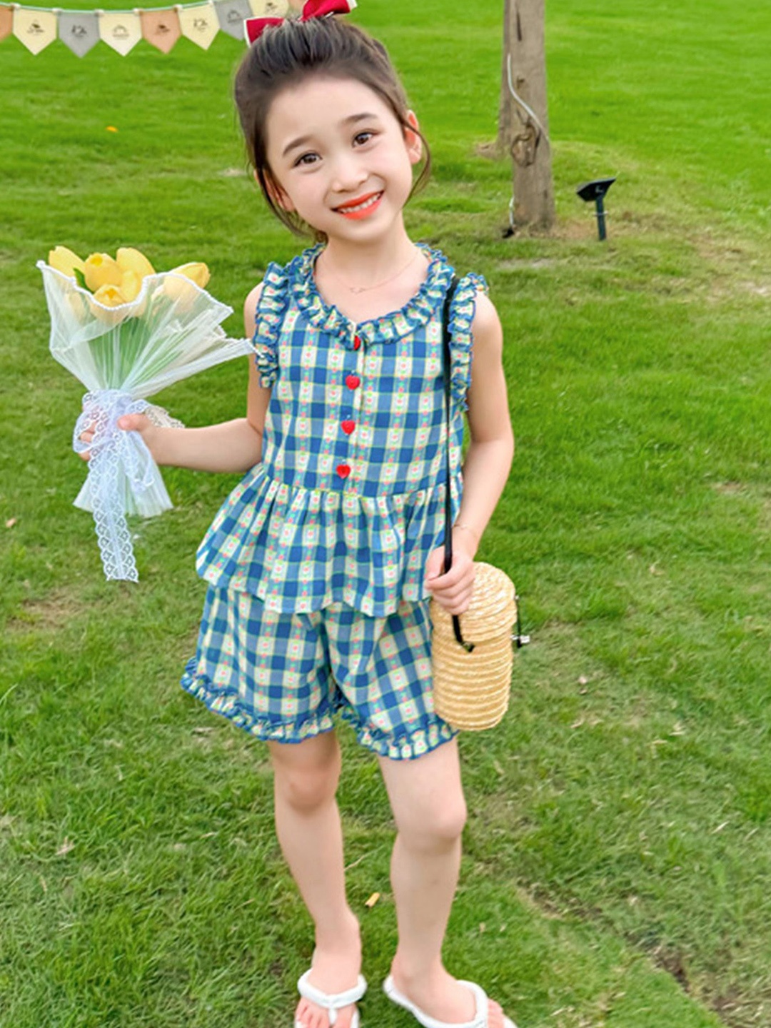 

LULU & SKY Girls Checked V-Neck Top With Shorts, Blue
