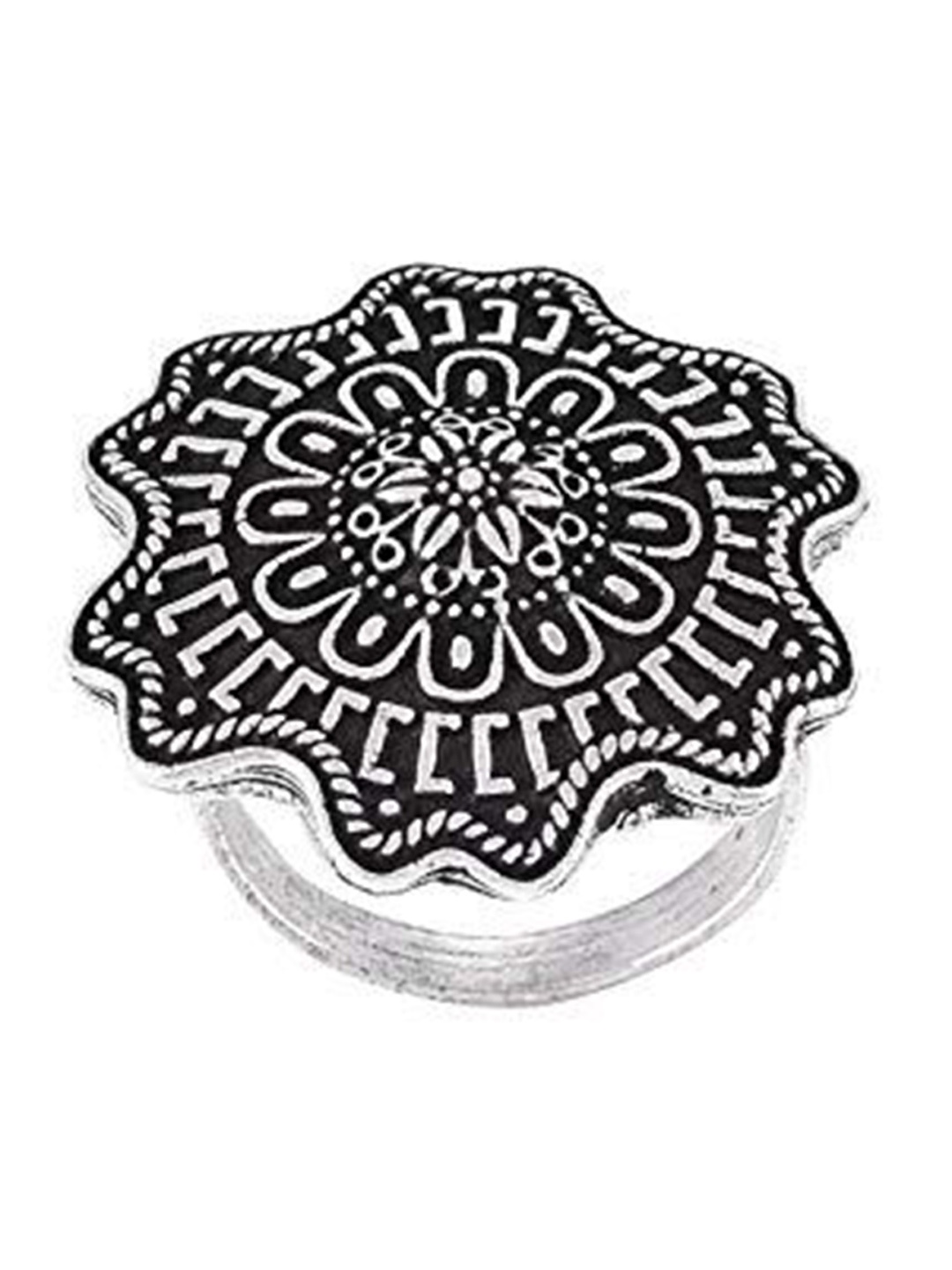 

Kezlin Silver Plated Intricate Design Floral Shaped Adjustable Oxidised Finger Ring