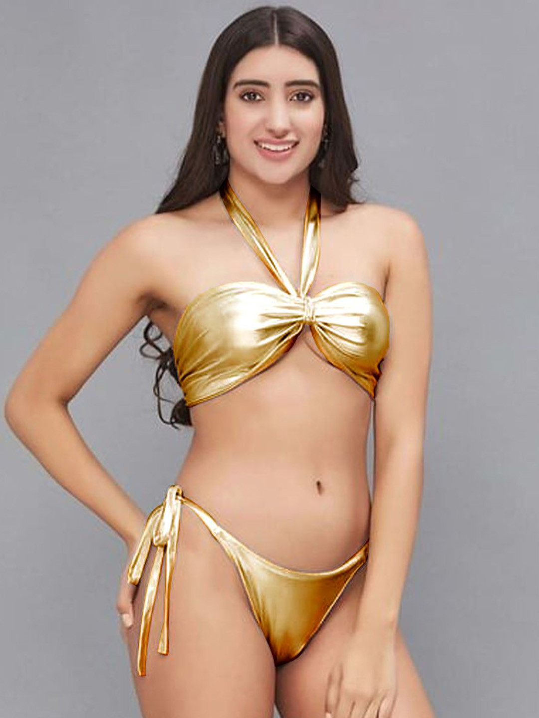 

VAGHBHATT Halter Neck Tie Ups Bikini Set, Gold