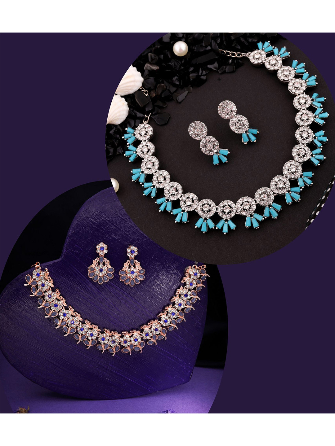 

DIVASTRI Set Of 2 Rose Gold & Silver-Plated American Diamonds Studded Jewellery Set