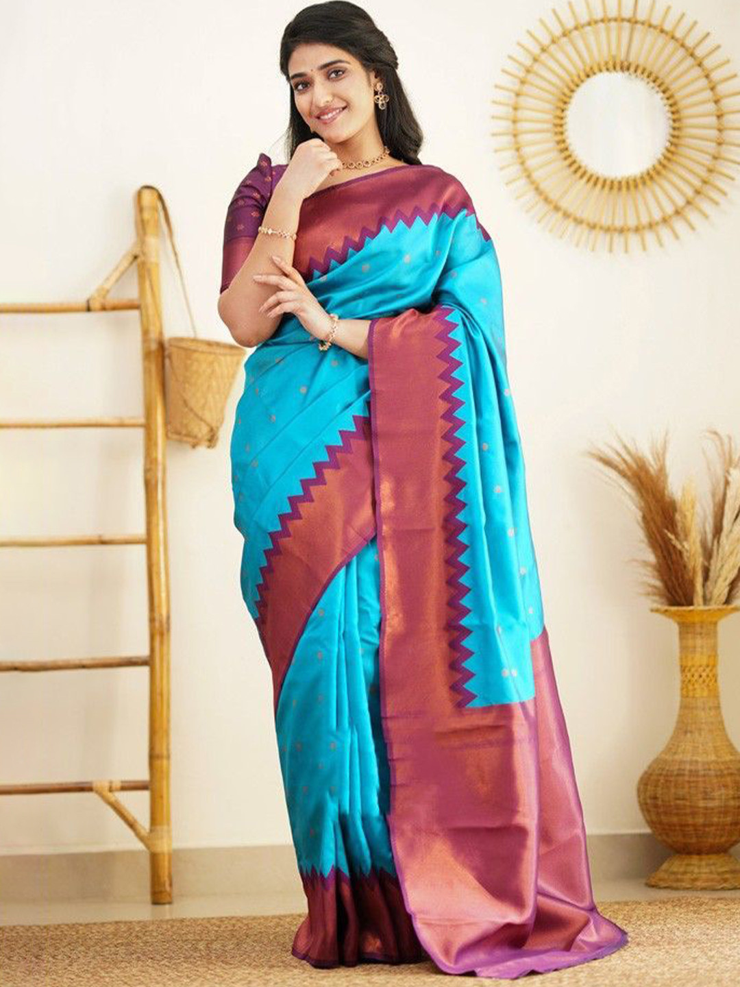 

A TO Z CART Woven Design Zari Pure Silk Banarasi Saree, Turquoise blue