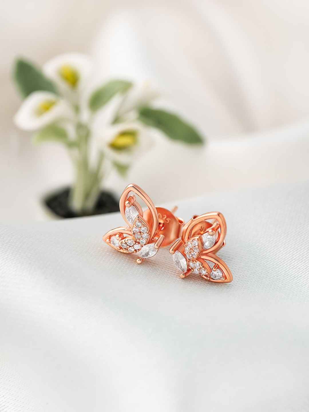 

SILBERRY 925 Sterling Silver Rose Gold-Plated CZ Studded Little Wings Studs