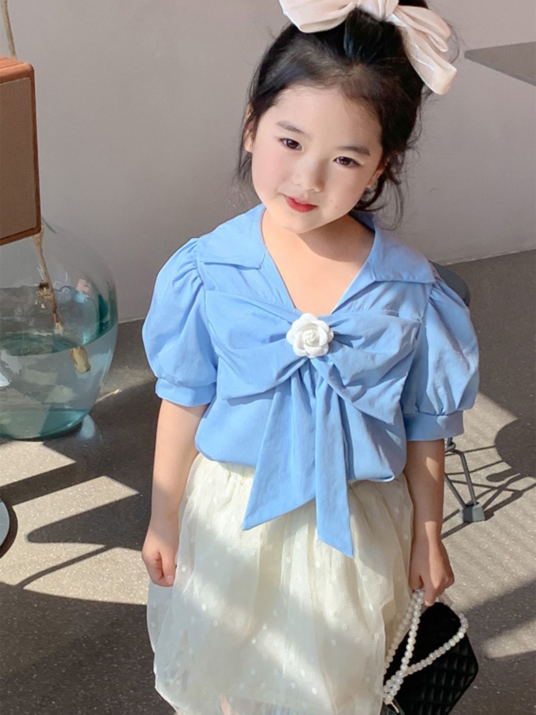 

LULU & SKY Girls Shirt Collar Cotton Top With Skirt, Blue