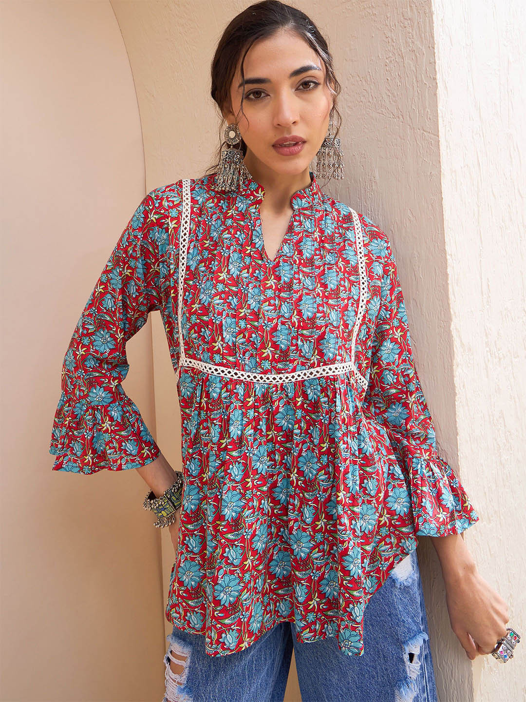 

Shae by SASSAFRAS Floral Printed Gotta Patti Pure Cotton Gotta Patti Kurti, Red