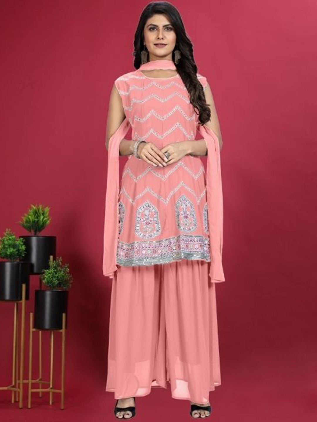 

PARROT CREATION Floral Embroidered Sequinned Georgette A-Line Kurti With Sharara & Dupatta, Pink