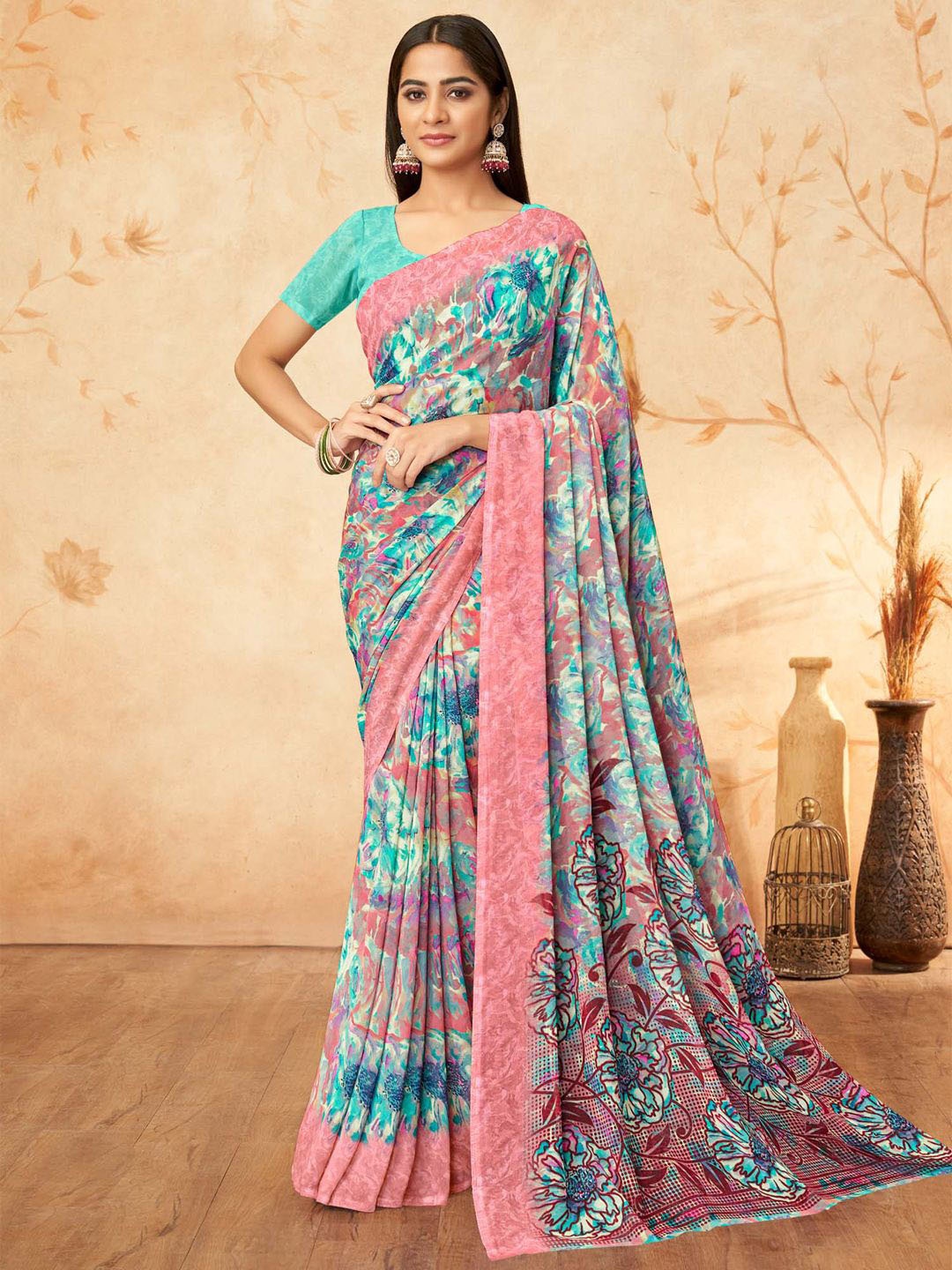 

Anouk Rustic Floral Poly Georgette Sungudi Saree, Blue