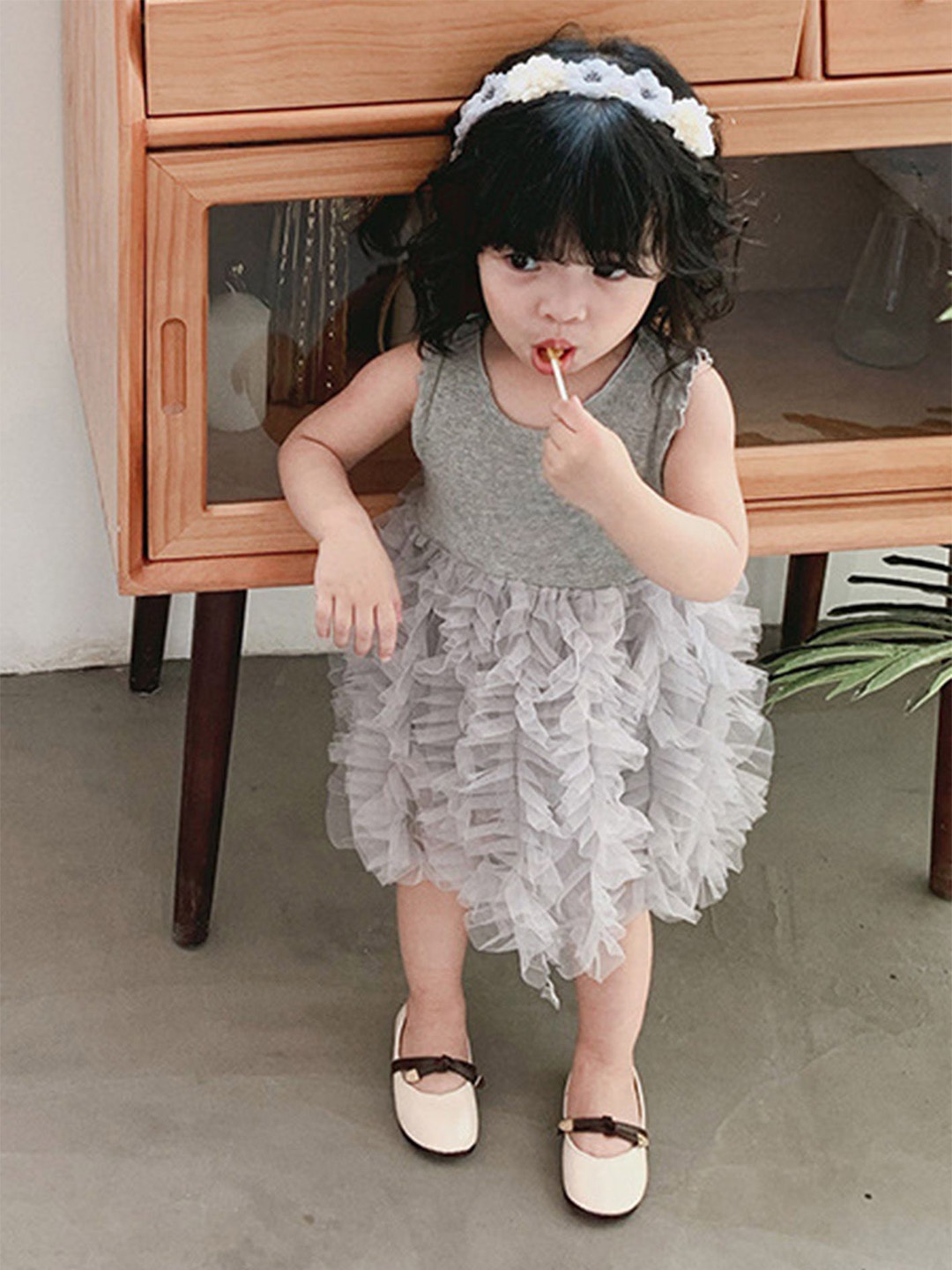

LULU & SKY Girls Cotton Ruffled Tulle Sleeveless Knee Length Fit & Flare Dress, Grey