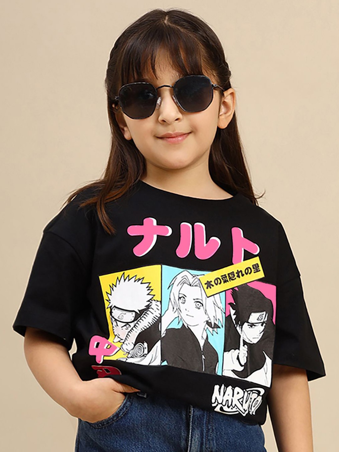 

Kids Ville Girls Naruto Printed Oversized Fit Pure Cotton Short Sleeve T-Shirt, Black
