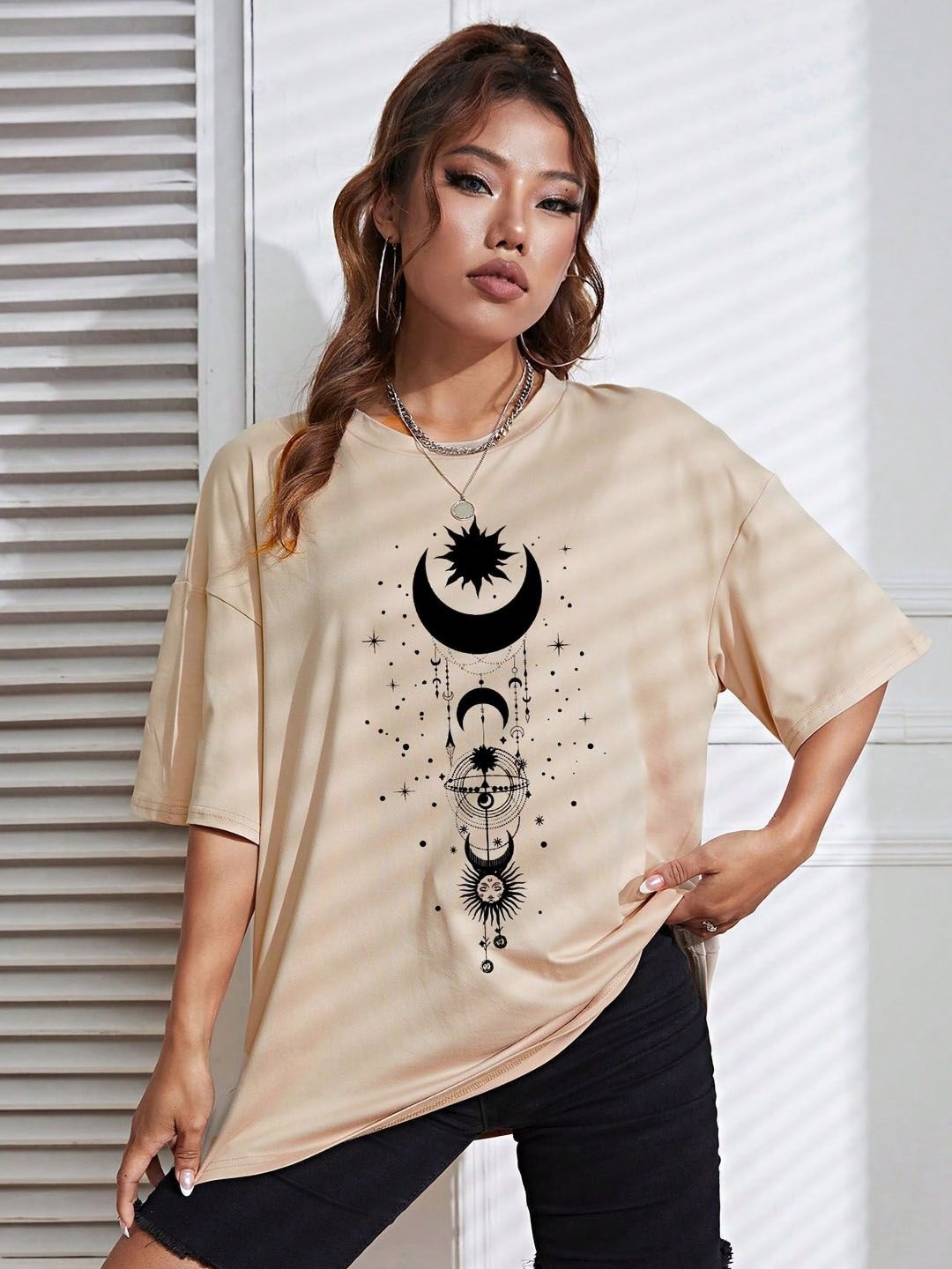 

CORSICA Women Graphic Printed Round Neck Cotton Oversized T-shirt, Cream