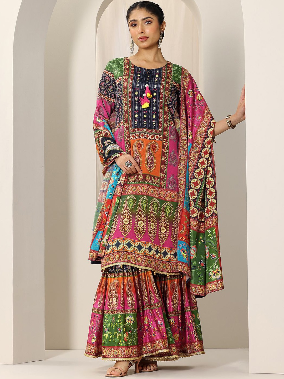 

Libas Ethnic Motifs Printed Tie-Up Neck Kurta With Sharara And Dupatta, Pink