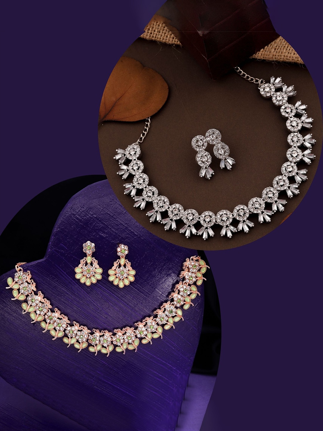 

DIVASTRI Pahal Set Of 2 Silver-Plated & Rose Gold-Plated AD Studded Jewellery Set