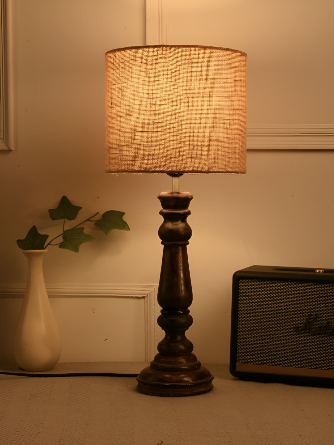 

green girgit Brown & Beige Textured Cylindrical Shaped Wooden Table Lamp With Bulb