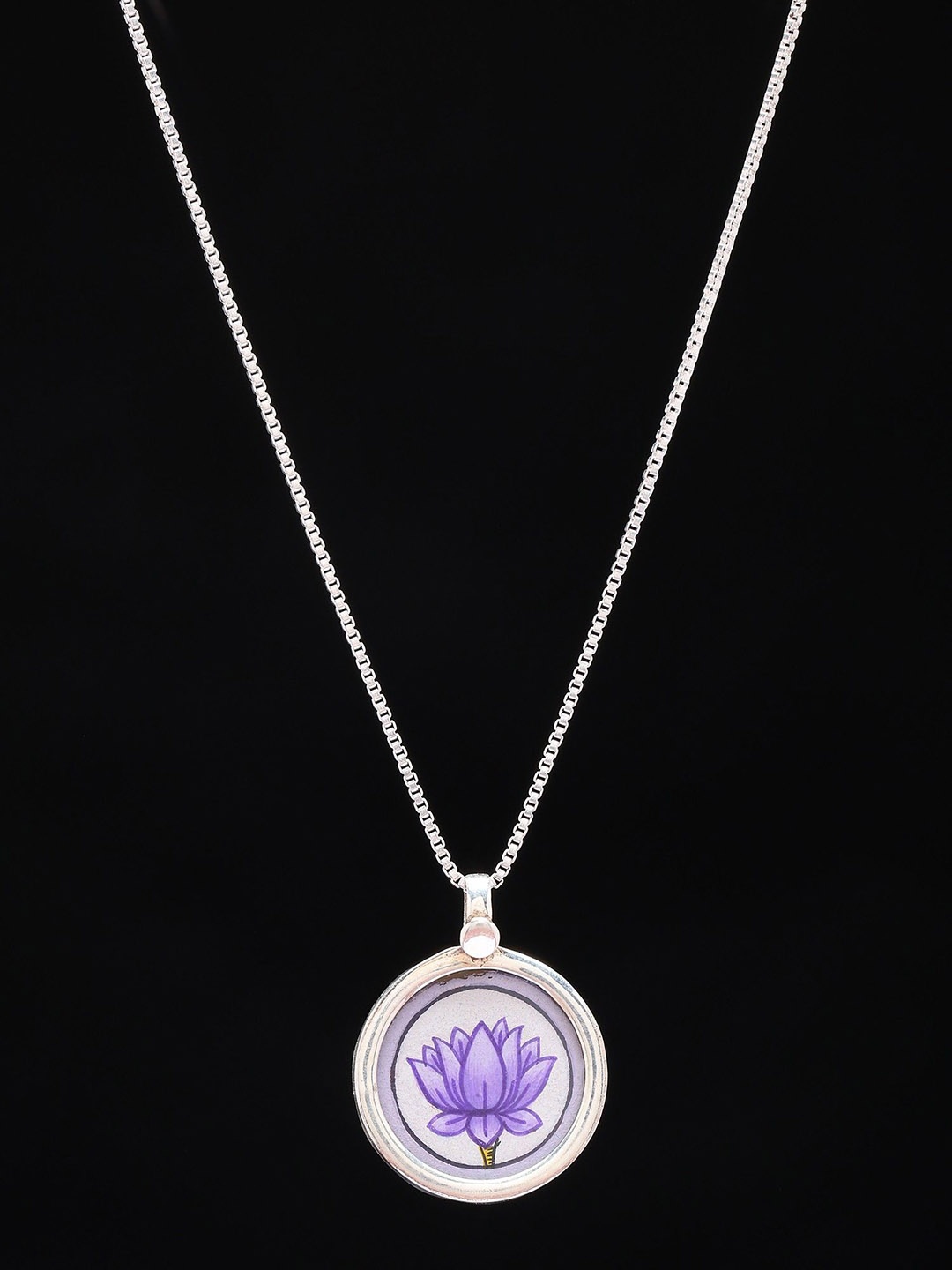 

Exotic India Round Shape Hand-Painted Lotus Pendant in Sterling Silver