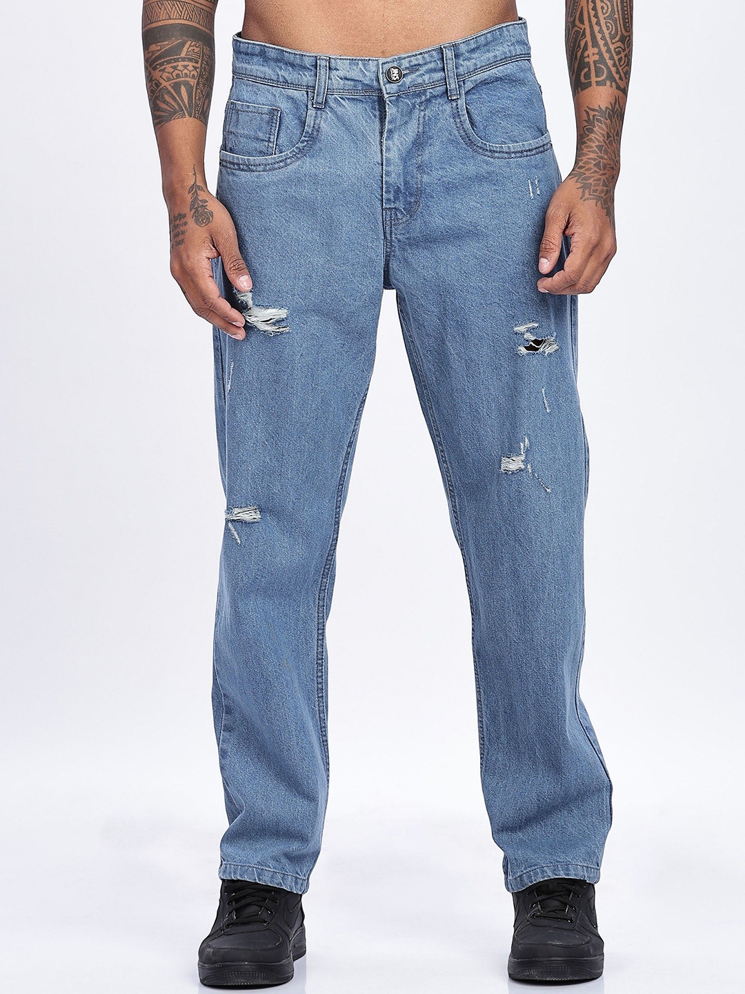 

BEVDAAS Men Cotton Regular Fit Low Distress High-Rise Light Fade Jeans, Blue