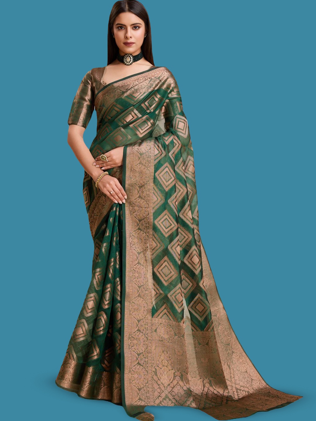 

SILKWEAR Ethnic Motifs Zari Organza Banarasi Saree, Green